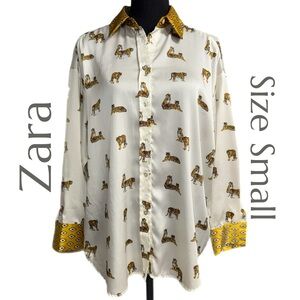 Zara Cream Button-Down Shirt with Mustard Accent & Leopard Print